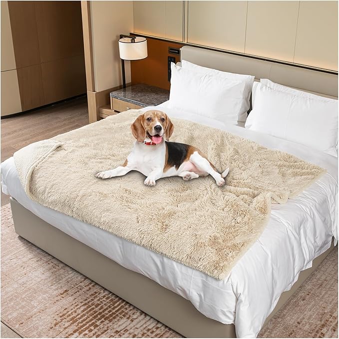 Waterproof Calming Dog Blanket Cream Long Faux Fur Pet Throw Blankets for Medium Dogs Cats Couch Sofa Covers Love Bed Cover Washable(Cream,L-65x57in)