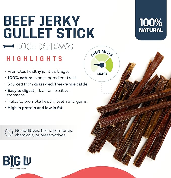 Big Lu - 6-Inch Beef Jerky Sticks for Dogs, 12 Count, All-Natural Beef Gullet, Grass-Fed Jerky Chews, Fully Digestible, High-Protein Treats with Glucosamine and Chondroitin for Joint Health