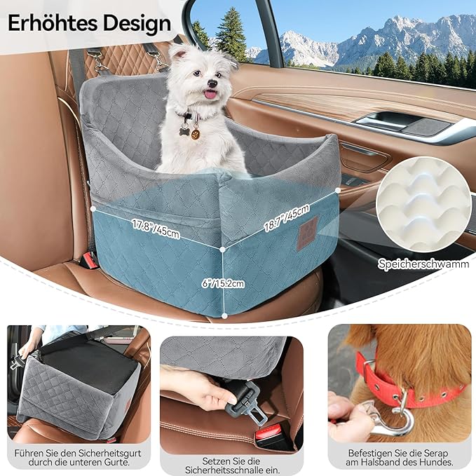 Dog Car Seat for Small/Medium Dogs, Dog Booster Car Seats with Thick Cushion for Dogs Under 35lbs, Detachable Washable Pet Carseat with Storage Pockets, 2 Safety Belts