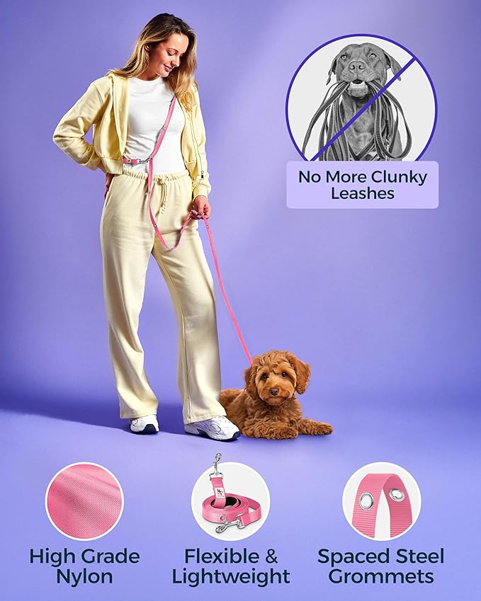 Hands-Free Dog Leash Training Running Snapleash, Waist & Shoulder Lead for Walking, Traffic Lead, Dual Pet Leash Adjustable for Large, Medium and Small Dog Breeds (Pink, Large (1in x 7.5ft))