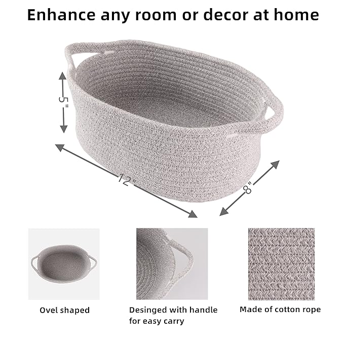 XUANGUO Small Woven Basket Cute Oval Cotton Rope Gifts Basket with Handle Empty Baby Wicker Storage Baskets Nursery Box Bin Kids Organizer Cat Dog Toy Baskets Easter Baskets Grey