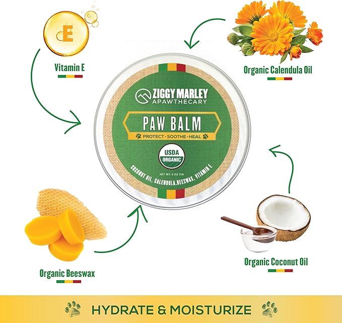 Ziggy Marley's Paw Balm for Dogs – USDA Organic Topical Protect, Soothe, and Heal Dry Cracked Paw Pads – Made with Coconut Oil, Calendula, Beeswax, and Vitamin E- 2 oz
