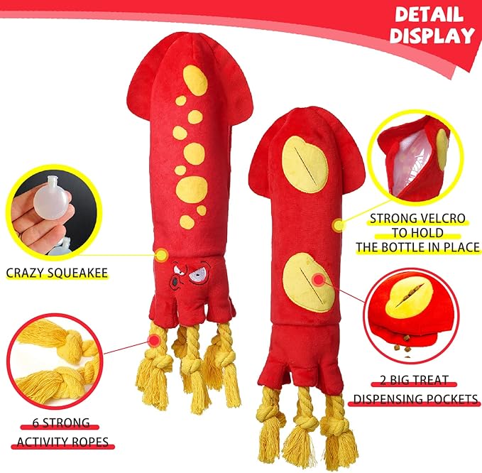 Water Bottle Dog Toys - Dog Puzzle Squeaky Enrichment Treat Dispensing Rope Snuffle Plush Toy, No Stuffing Durable Soft Crunchy Toys for Small Medium Large Dogs Puppy - Octopus Squid