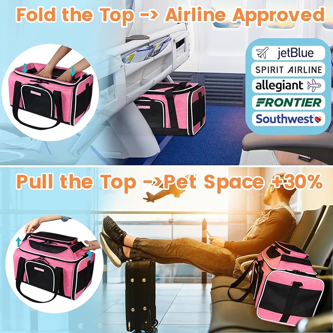 Petskd Top-Expandable Pet Carrier 17x12x8.5 Inches JetBlue Allegiant Spirit Airline Approved, Soft-Sided Carrier for Small Cats and Dogs with Locking Safety Zippers and Anti-Scratch Mesh(Pink)