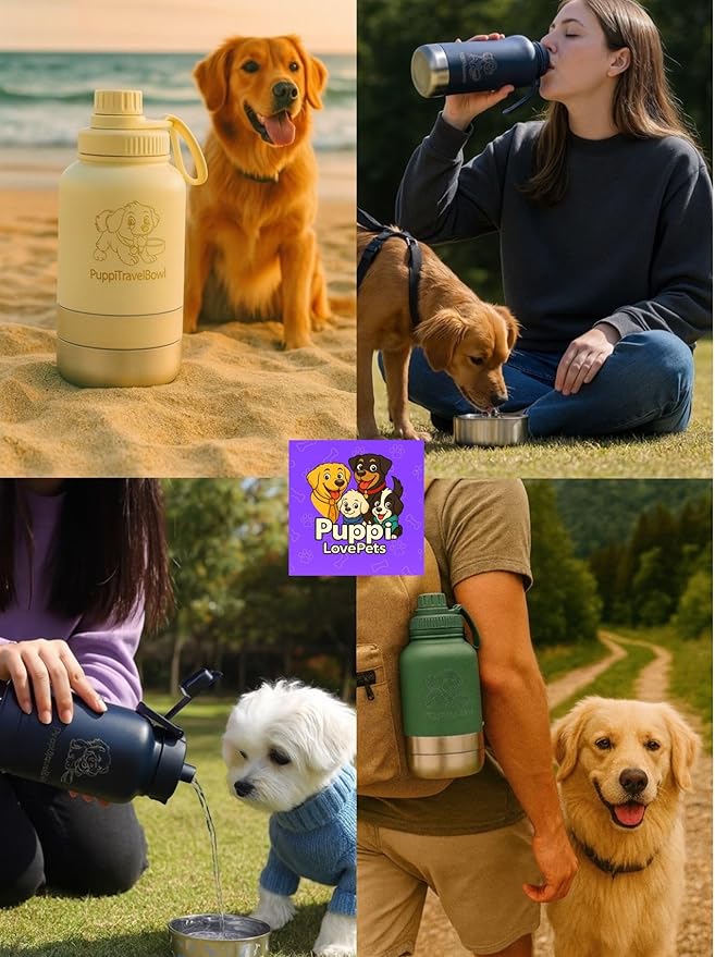 PuppiTravelBowl 3-in-1 Portable Dog Water & Food Bottle, 32oz Leak-Proof Travel Bowl for Pets – Green