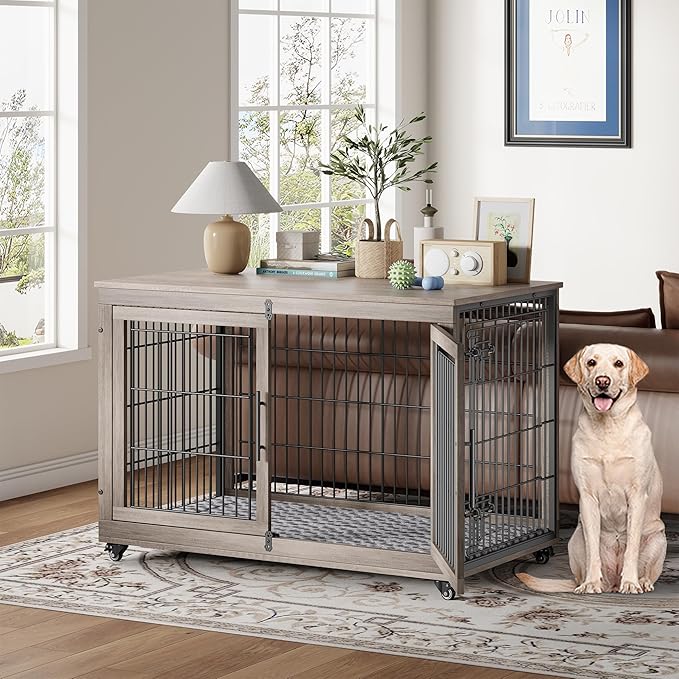 YaFiti Dog Crate Furniture with Cushion, Wooden Dog Kennel Indoor with Double Doors, Dog Cage with Wheels, Dog House Side End Table for Large Dogs up to 85 lb, 44" L, Grey