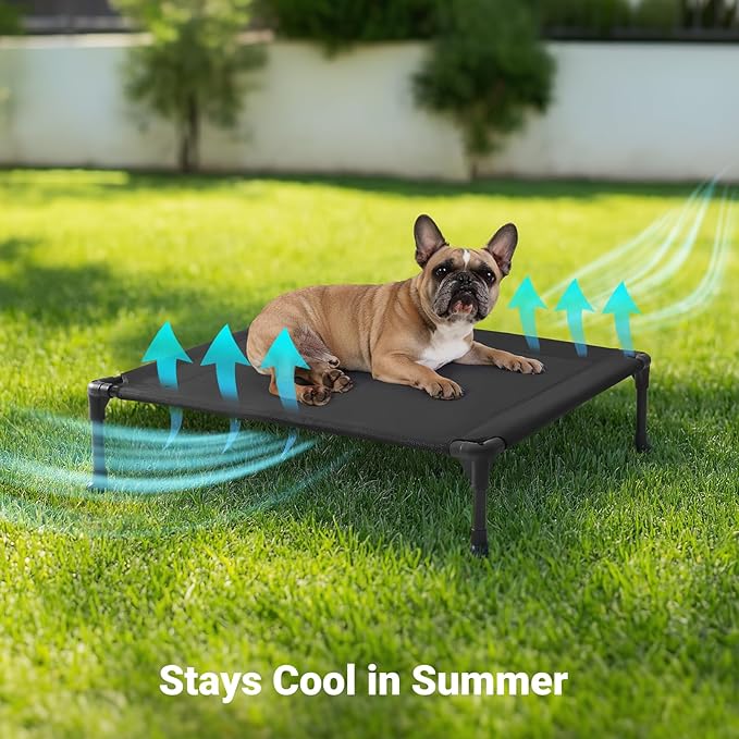 Veehoo Outdoor Elevated Dog Bed for Small Dogs, Cooling Raised Dog Cots Beds Training Platform Off Ground Hammock with Breathable Mesh, No-Slip Feet, 22"x17", Blue