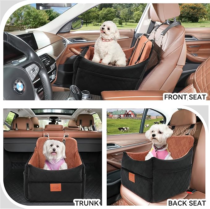 Dog Car Seat for Small/Medium Dogs, Dog Booster Car Seats with Thick Cushion for Dogs Under 35 lbs, Detachable Washable Pet Carseat with Storage Pockets, 2 Safety Belts(Black/Brown)