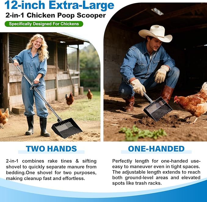 12-Inch 2-in-1 Chicken Poop Scooper & Rake, Chicken Coop Scoop with Adjustable Stainless Steel Handle （24–64"）, 3 Angles & 2 Sifting Holes, Litter Scoop Sand Sifting Shovel Pooper Scooper (Black)