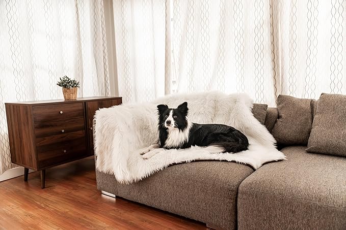 PupProtector Waterproof Throw Blanket for Dogs and Cats, Pet Blanket Cover for Couches, Sofas, Beds, Car Seats, Furniture, Calming Soft Faux Fur, Polar White, Original (60" L x 50" W)