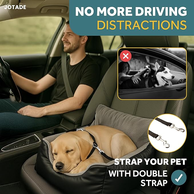 JOTADE Dog Car Seat Booster for Small & Medium Dogs Up to 35 lbs – Washable Elevated Pet Travel Seat, Clip-on Dual Safety Straps & Extra Cushion Cover, Easy Install Secure Car Seat for Dogs