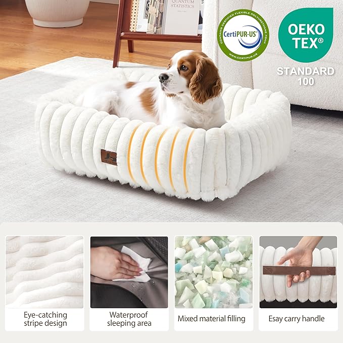 Washable Dog Bed for Small Medium Dogs - Rectangle Orthopedic Corduroy Fleece Pet Bed with Removable Cover and Nonskid Bottom, Calming Puppy Bed Soft Pet Sofa, Cream(25x21x7inchs)