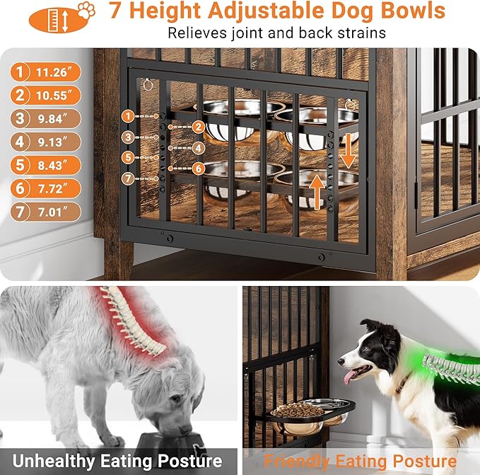 YaFiti 37.7" Dog Crate Furniture Set of 2, Wooden Dog Kennel Indoor with 360° Rotating Feeder and 2 Adjustable Bowls, Decorative Side End Table Dog Cage for Medium Dogs, Rustic Brown