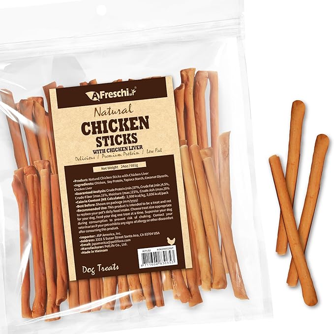 A Freschi srl Chicken Dog Treats, All Natural, Healthy & Easily Digestible, Grain-Free Puppy Chews, Low-Fat, Human Grade Training & Rewards Dog Snacks, Chicken Sticks with Liver, 24 oz Pack