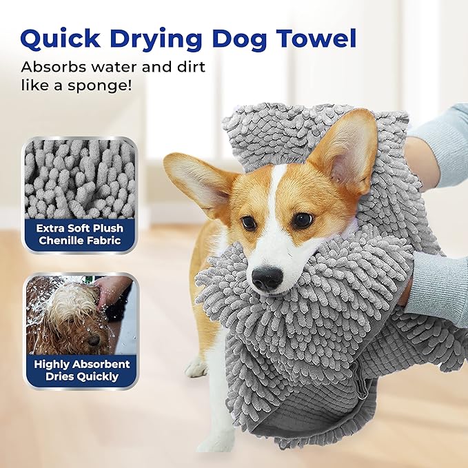 Muddy Mat Doggy Dryer, Highly Absorbent Microfiber Washable Dog Shammy Quick Drying Towel Absorber - Extra Soft Plush Wrap Chenille Bath Towels to Dry Soggy Large Pets & Small Puppy-Grey 13"x31"