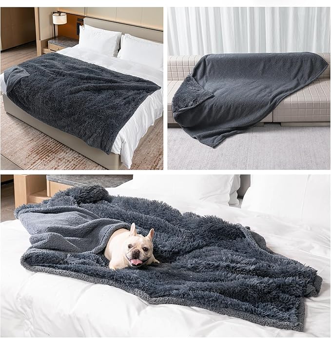 Waterproof Pets Blankets for Dogs 57x40in Calming Cat Blanket for Bed Couch Sofa Cover Protector Washable Long Faux Fur Pet Throw Blanket for Puppy Reversible Furniture Protection Mats (Gray,M)