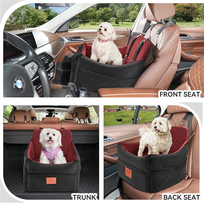 Dog Car Seat for Small/Medium Dogs, Dog Booster Car Seats with Thick Cushion for Dogs Under 35lbs, Detachable Washable Pet Carseat with Storage Pockets, 2 Safety Belts(Black/Red)