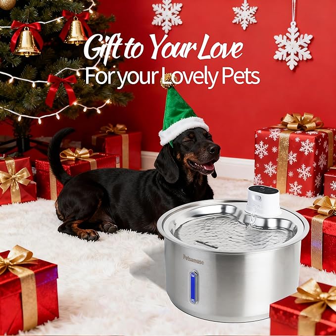 2.8Gal/11L Cordless Dog Water Fountain for Large Dogs, Petsamuse 5000mAh Battery Operated Stainless Steel Dog Fountain Water Bowl with 2 Quiet Pumps Wireless Pet Water Fountain with 15 Filters