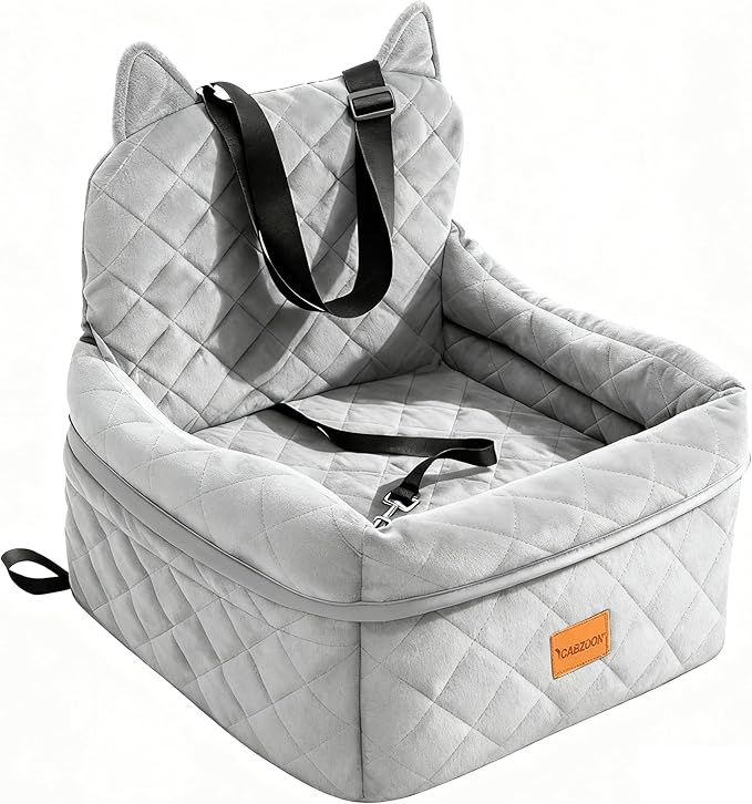 Dog Car Seat for Small/Medium Dogs Up to 35lbs,Elevated Cushion Fits in Front/Back Seat,Travel Safety Per Car Bed with Washable Removable Cover, Storage 2 Pockets Grey