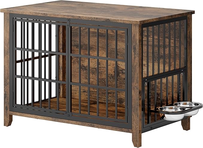 YaFiti 37.7" Dog Crate Furniture Set of 2, Wooden Dog Kennel Indoor with 360° Rotating Feeder and 2 Adjustable Bowls, Decorative Side End Table Dog Cage for Medium Dogs, Rustic Brown