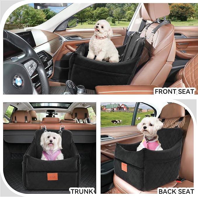 Dog Car Seat for Small/Medium Dogs, Dog Booster Car Seats with Thick Cushion for Dogs Under 35lbs, Detachable Washable Pet Carseat with Storage Pockets, 2 Safety Belts(Black)
