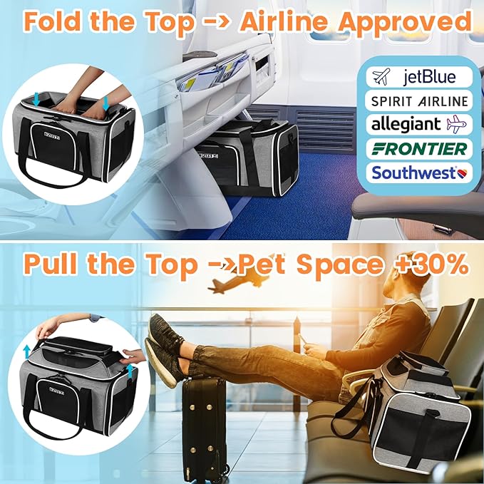 Petskd Top-Expandable Pet Carrier 17x12x8.5 Inches JetBlue Allegiant Spirit Airline Approved, Soft-Sided Carrier for Small Cats and Dogs with Locking Safety Zippers and Anti-Scratch Mesh(Grey)