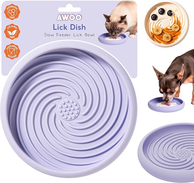 Awoo Lick Dish Silicone Dog & Cat Lick Mat & Slow Feeder with Suction Cups, Non-Slip, Dishwasher Safe, Extend Mealtime, Reduce Anxiety (Periwinkle)