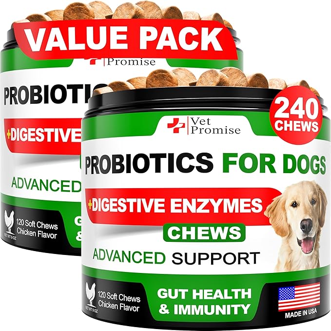 (2 Pack) Probiotics for Dogs - Dog Probiotics and Digestive Enzymes for Gut Health, Itchy Skin, Allergies, Immunity, Yeast Balance - Prebiotics - Reduce Diarrhea, Gas - 240 Probiotic Chews for Dogs