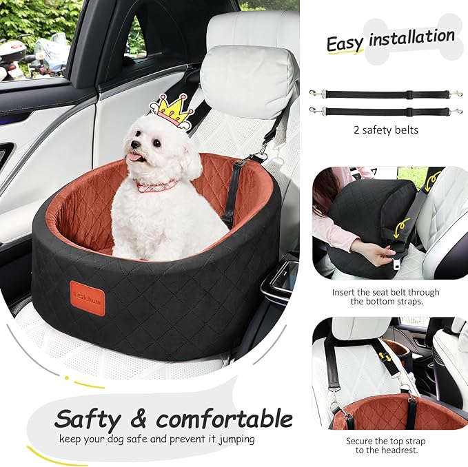 Dog Car Seat for Small Dogs Up to 30 Lbs,Ultra Soft Fabric Fill in Comfy Memory Foam,Happy Pet Ride,2 Safety Dog Leashes,Fully Detachable and Washable,Anti Slip Base (Black/Brown, Small)