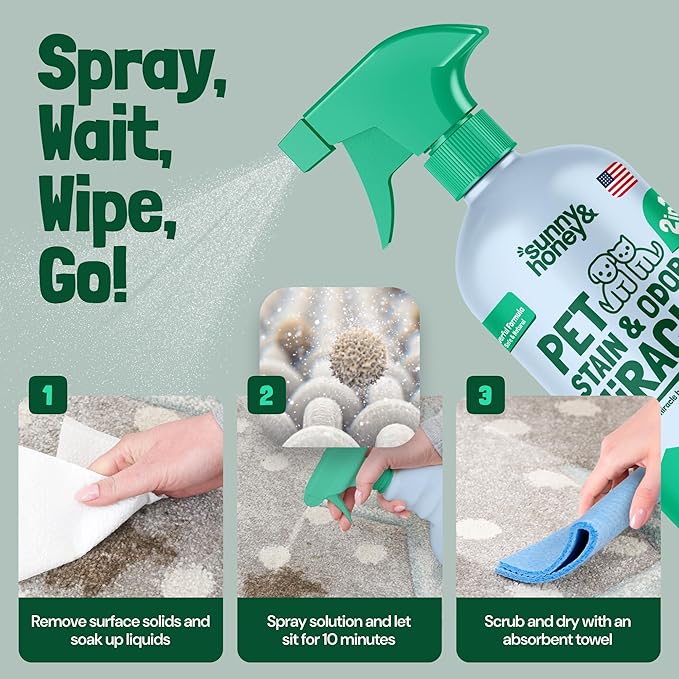 Sunny & Honey Pet Stain & Odor Miracle - Fast Acting Carpet Cleaner - Enzyme Spray for Carpets, Mattresses & Upholstery - Rug Shampoo - Dog Pee Cleaner & Surface Odor Remover (32 fl oz, Spring Mint)