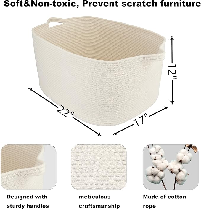 XUANGUO Large Rectangle Blankets Basket Living Room 22"x17"x12" Woven Cotton Rope Storage Baskets for Nursery Toy Baskets for Kids and Dogs Wicker Laundry Basket Bin for Clothes Towels white