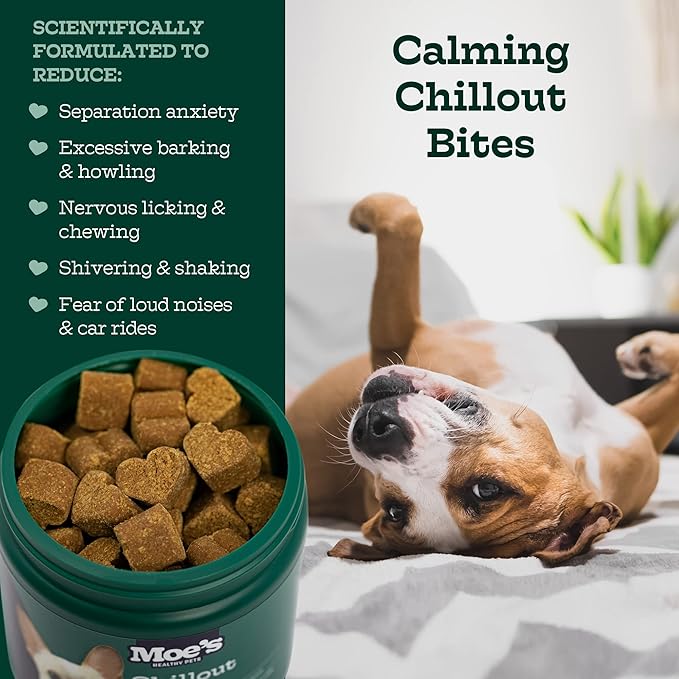 Moe’s Calming Chews for Dogs 90ct – Natural Anxiety Relief with Hemp, Chamomile, and Tryptophan – Calming Dog Treats for Separation, Fireworks, Travel and Storms (Chicken)