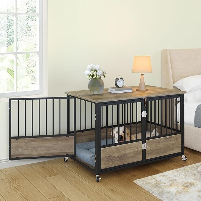YITAHOME 43.3" Dog Crate Furniture with Wheels, Heavy Duty Wood Dog Cage Table with Double-Doors Chew-Resistant Wooden Dog Kennel Indoor for Large and Medium Dogs Greige