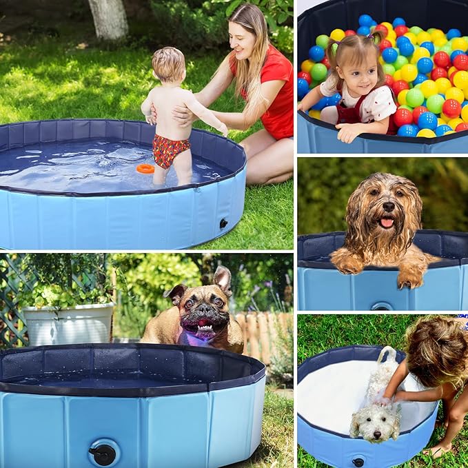 Foldable Dog Pool, Portable Pet Bath Tub and Kiddie Swimming Pool, Collapsible Bathtub for Puppies, Small, Medium and Large Dogs, Cats and Kids, 79 x 12 in, Blue