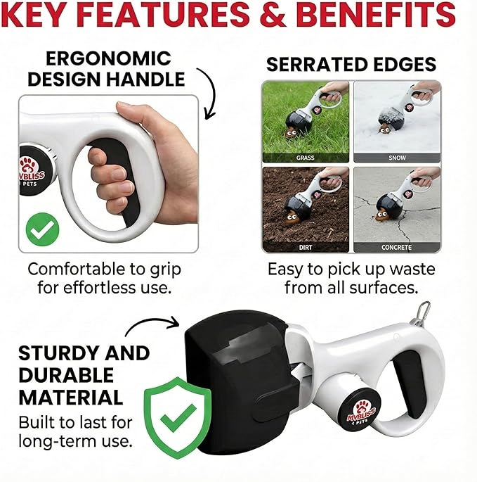 Dog Poop Scooper Comes with 100 Poop Bags for Dogs & Leash Clip - Portable Pooper Scooper for Dogs, Small & Medium Size Pets–Strong Waste Bags Dispenser for Easy Waste Cleanup, Outdoor Dog Poop Scoop