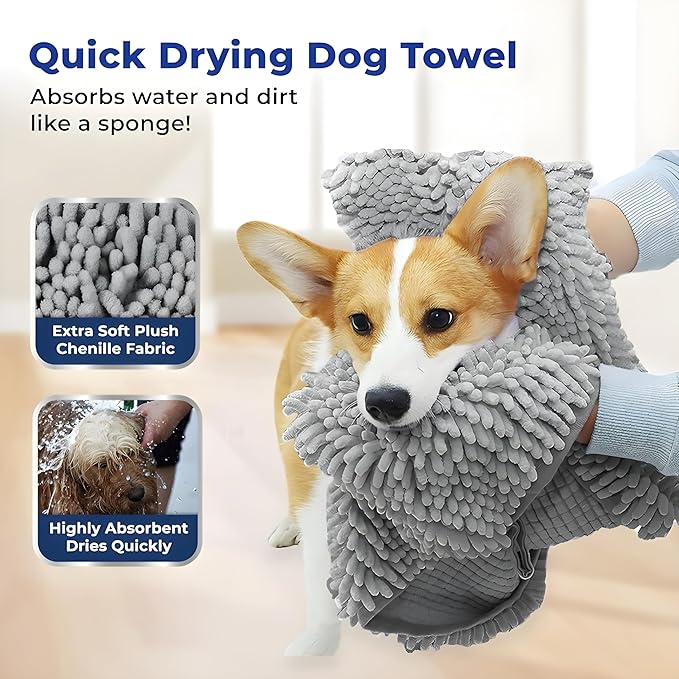 Muddy Mat Doggy Dryer, Highly Absorbent Microfiber Washable Dog Shammy Quick Drying Towel Absorber - Extra Soft Plush Wrap Chenille Bath Towels to Dry Soggy Large Pets & Small Puppy-Grey 15"x38"