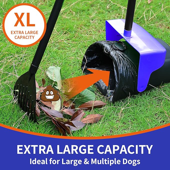 Pooper Scooper Large Swivel Bin & Rake with 160 Waste Bags,Heavy Duty Dog Pooper Scooper with Bag Attachment for Large Small Dogs, Long Handle Poop Scooper with Lid for Yard, Grass, Gravel (Blue)