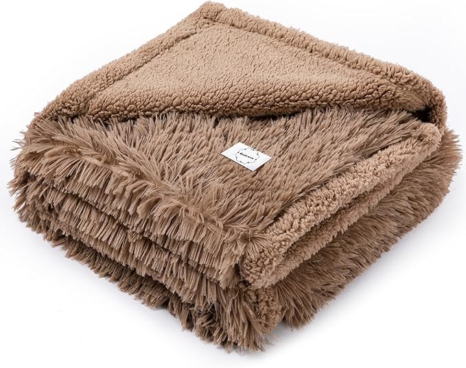Waterproof Calming Dog Bed Covers Pets Blanket for Large Dogs Cats Brown Fluffy Long Faux Fur Pet Blankets Reversible Couch Sofa Cover Washable Love Bed Mats(Brown,XL-85x57in)