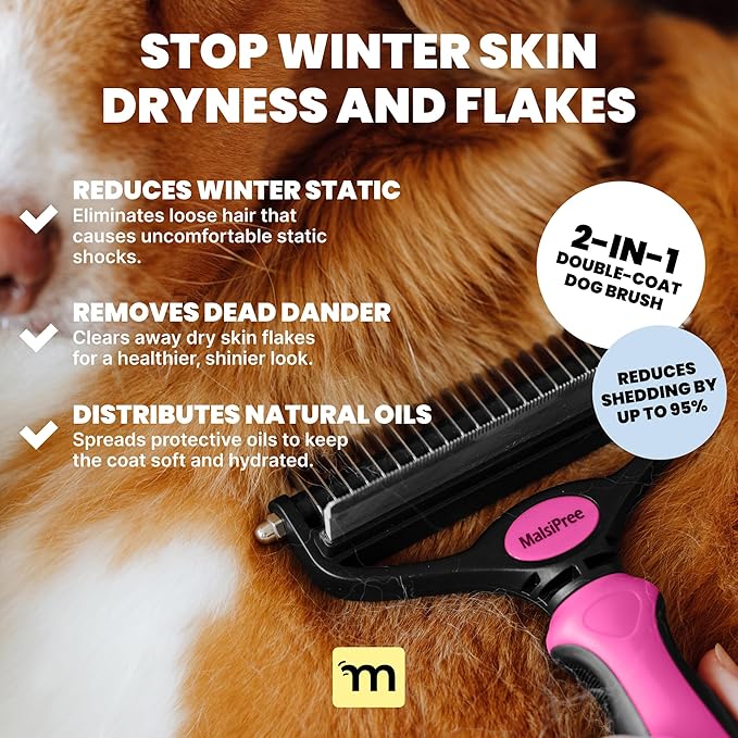 MalsiPree Dog Brush for Shedding - 2 in 1 Undercoat Rake Deshedding Tool for Medium to Large Double-Coated Dog Grooming - Pet Dematting Comb - Pet Deshedder (Pink)