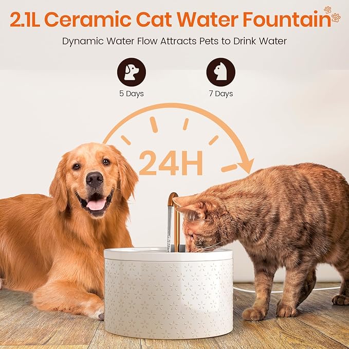 Ceramic Cat Water Fountain - 2.1L/71oz - Firework Embossed All-Ceramic Body & Pure Copper Spout - Non-Toxic & Automatic Pet Drinking Fountain Indoor with Ultra-Quiet Pump, 3 Filters & Sponge