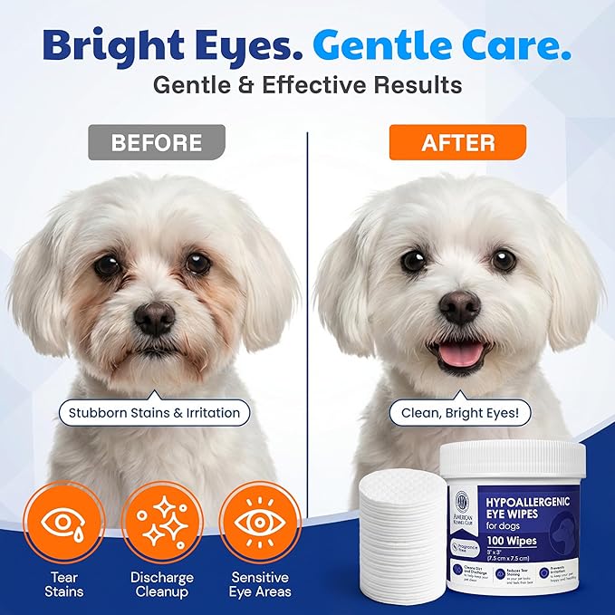 AKC Pet Eye Wipes for Dogs & Cats – Tear Stain Remover & Eye Discharge Cleaner – Hypoallergenic Grooming Wipes, 100 Count (Unscented) AKC 3 * 3" PET Eye Wipes UNSCENTED 100 Count