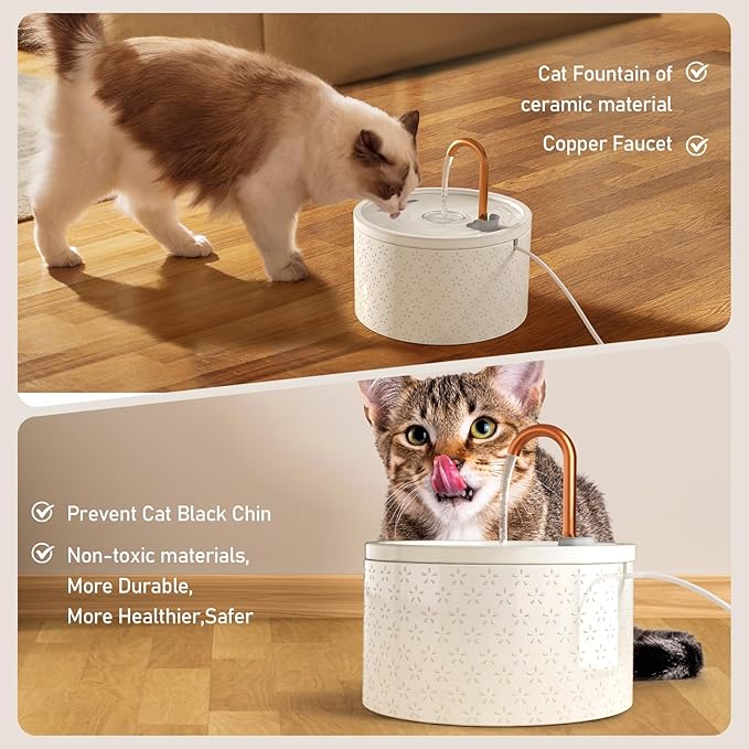 Ceramic Cat Water Fountain - 2.1L/71oz - Firework Embossed All-Ceramic Body & Pure Copper Spout - Non-Toxic & Automatic Pet Drinking Fountain Indoor with Ultra-Quiet Pump, 3 Filters & Sponge