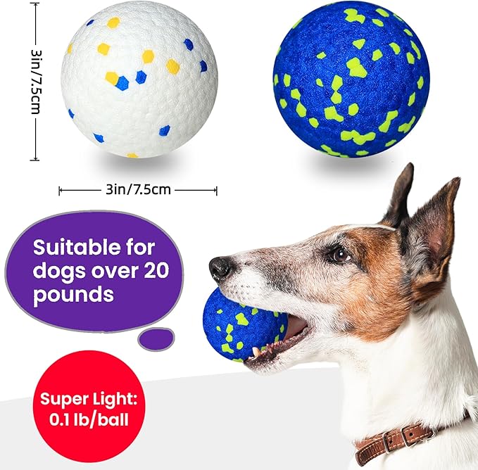 2 Pack Bouncy Dog Balls, 3'' Indestructible Dog Toys for Aggressive Chewers, Outdoor Jolly Tennis Balls for Dogs, Durable Interactive Floating Dog Fetch Toy, Blue White