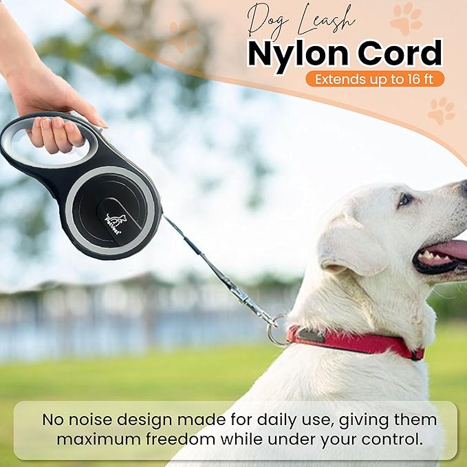 Retractable Dog Leash – Extendable up to 16 FT, Heavy Duty Nylon Tape, No-Tangle, One-Handed Brake & Lock, for Small to X-Large Dogs up to 44 lbs (Black)