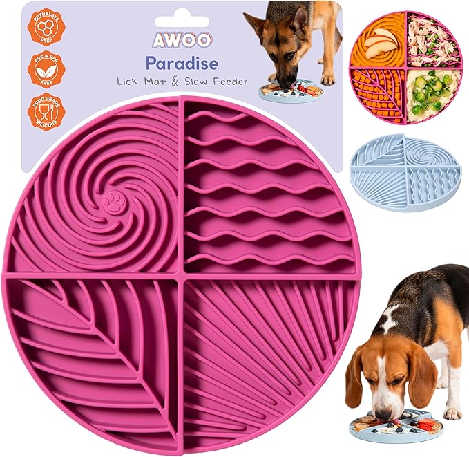 Awoo Paradise - Silicone Dog & Cat Lick Mat and Slow Feeder with Suction Cups - Non-Slip, Dishwasher Safe Pet Dish - Extends Mealtime for Fast Eaters and Reduces Anxiety - For Wet & Dry Food (Fuschia)