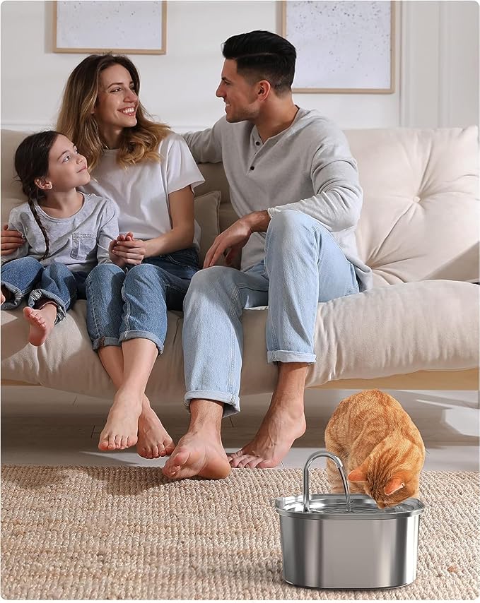 PEKTACO Cat Water Fountain, 3.2L/108oz Stainless Steel Pet Water Fountain for Cats/Dogs Indoor, Dog Drinking Dispenser Metal Kitty Spout with 6 Filters+ 6 Sponges