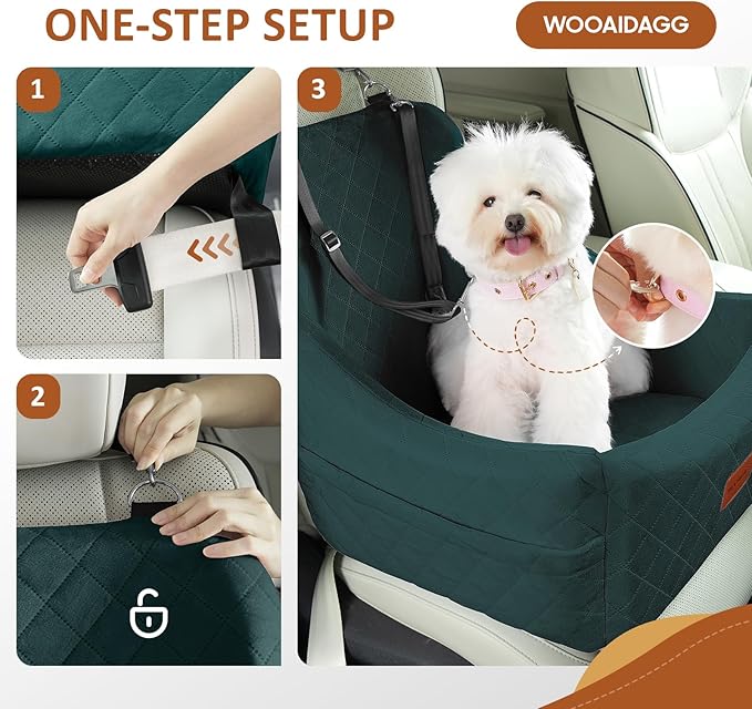 Dog Car Seat for Medium Dogs, Pet Travel Bed with Seat Belt Channel, Fully Detachable and Washable, 3 Straps Easy to Install (Green)