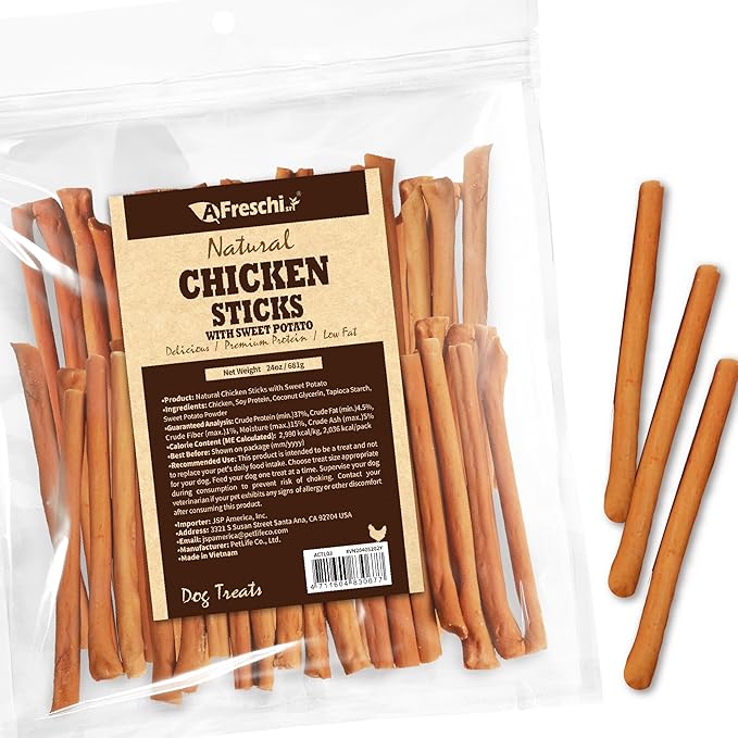 A Freschi srl Chicken Dog Treats, All Natural, Healthy & Easily Digestible, Grain-Free Puppy Chews, Low-Fat, Human Grade Training & Rewards Dog Snacks, Chicken Sticks with Sweet Potato, 24 oz Pack