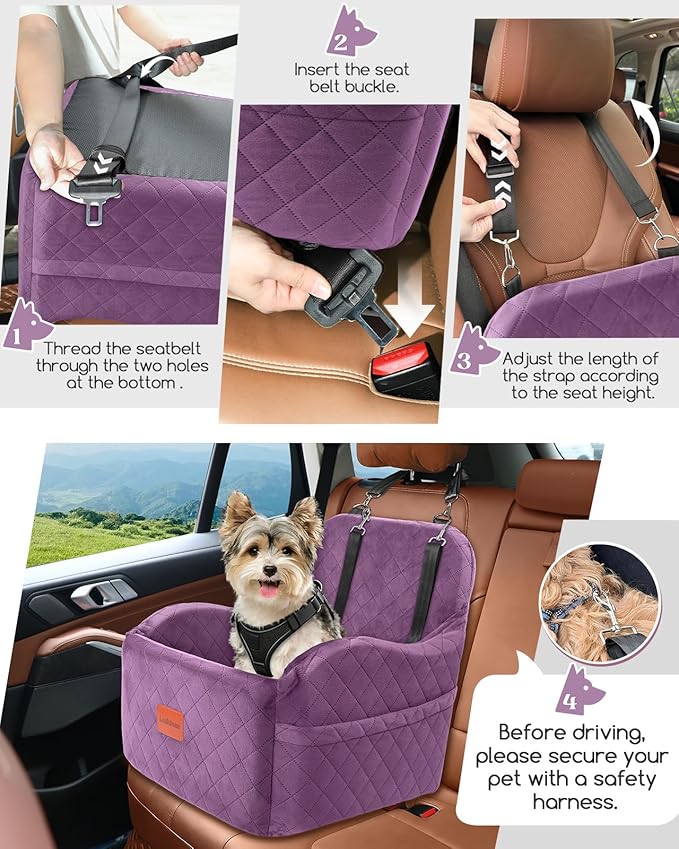 Dog Booster Car Seat for Small/Medium Dogs,Puppy Portable Car Bed with Elevated Cushion,Fully Detachable and Washable,2 Storage Pockets,Easy to Install (Purple, Medium)