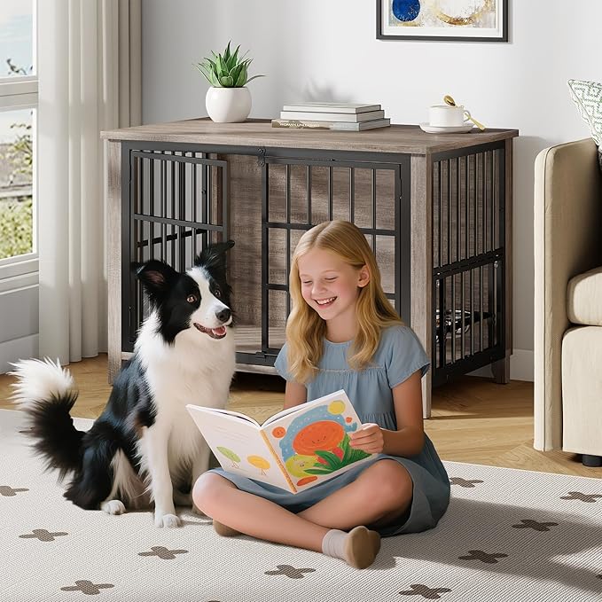 YaFiti 37.7" Dog Crate Furniture Set of 2, Wooden Dog Kennel Indoor with 360° Rotating Feeder and 2 Adjustable Bowls, Decorative Side End Table Dog Cage for Medium Dogs, Grey